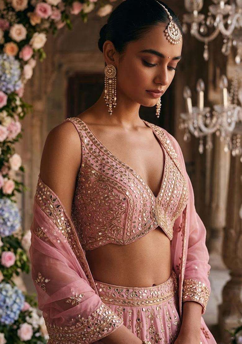Soft Peach Embroidered Bridal Lehenga Set - Indya