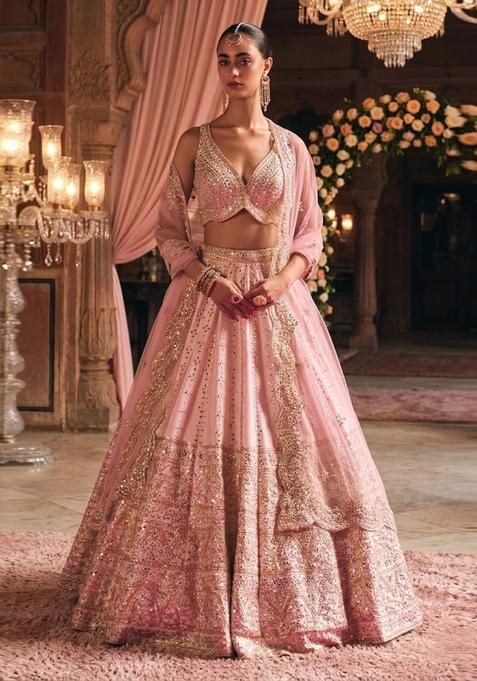 Soft Peach Embroidered Bridal Lehenga Set — view on Indya