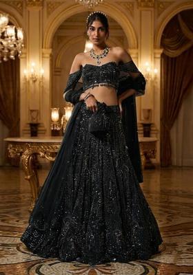 Jet Black Embroidered Bridal Lehenga Set