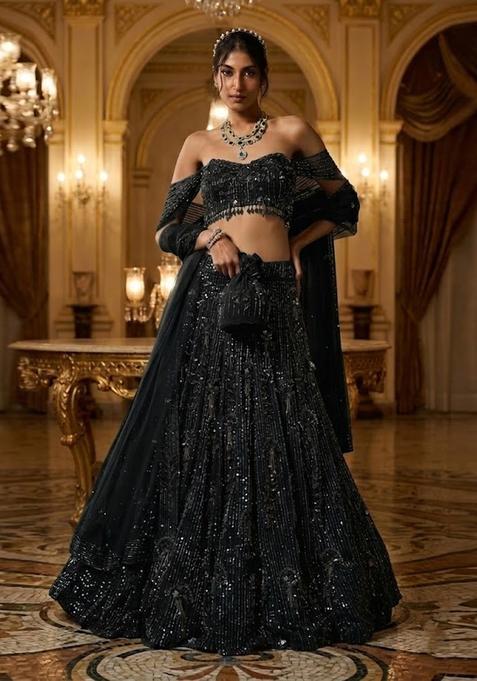 Jet Black Embroidered Bridal Lehenga Set — view on Indya