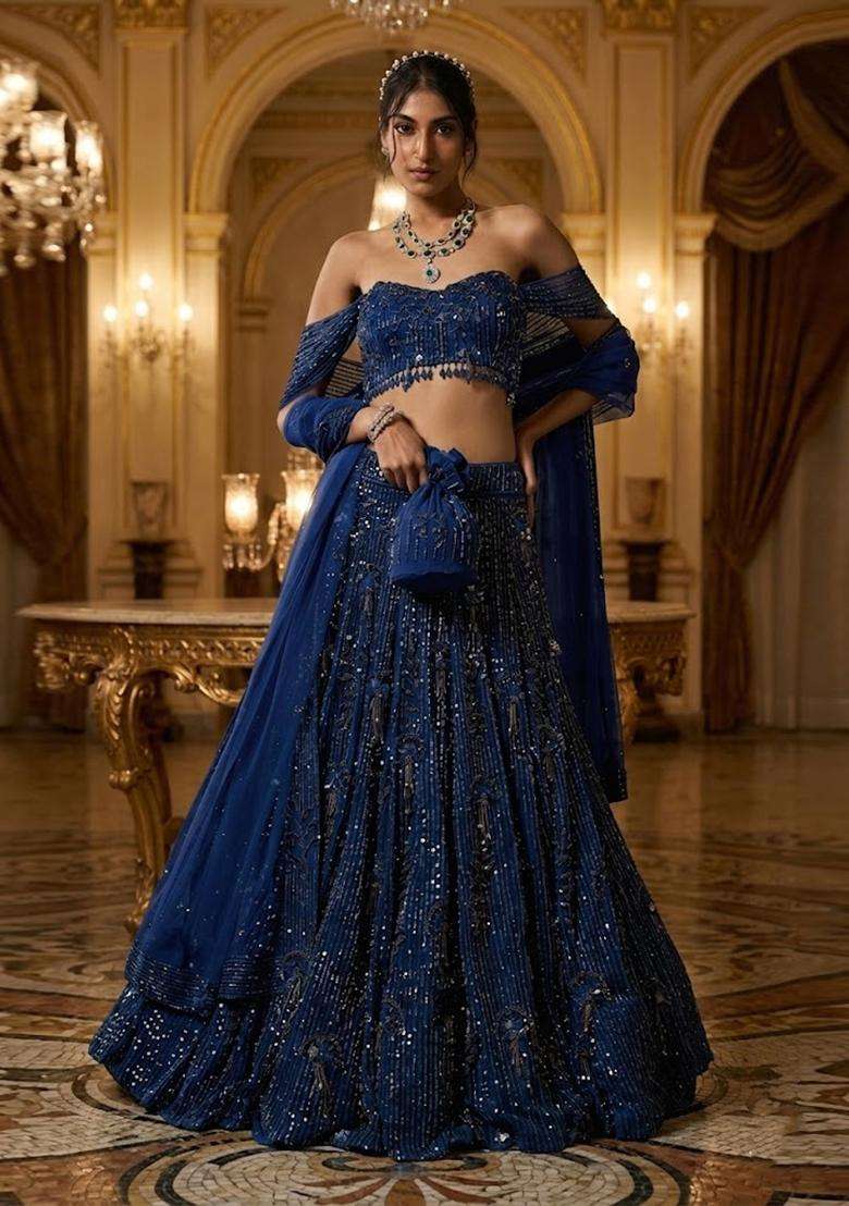 Deep Blue Embroidered Bridal Lehenga Set - Indya