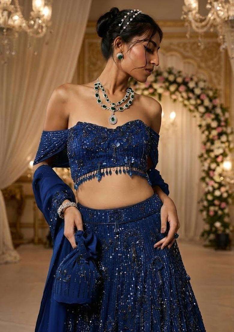 Deep Blue Embroidered Bridal Lehenga Set - Indya