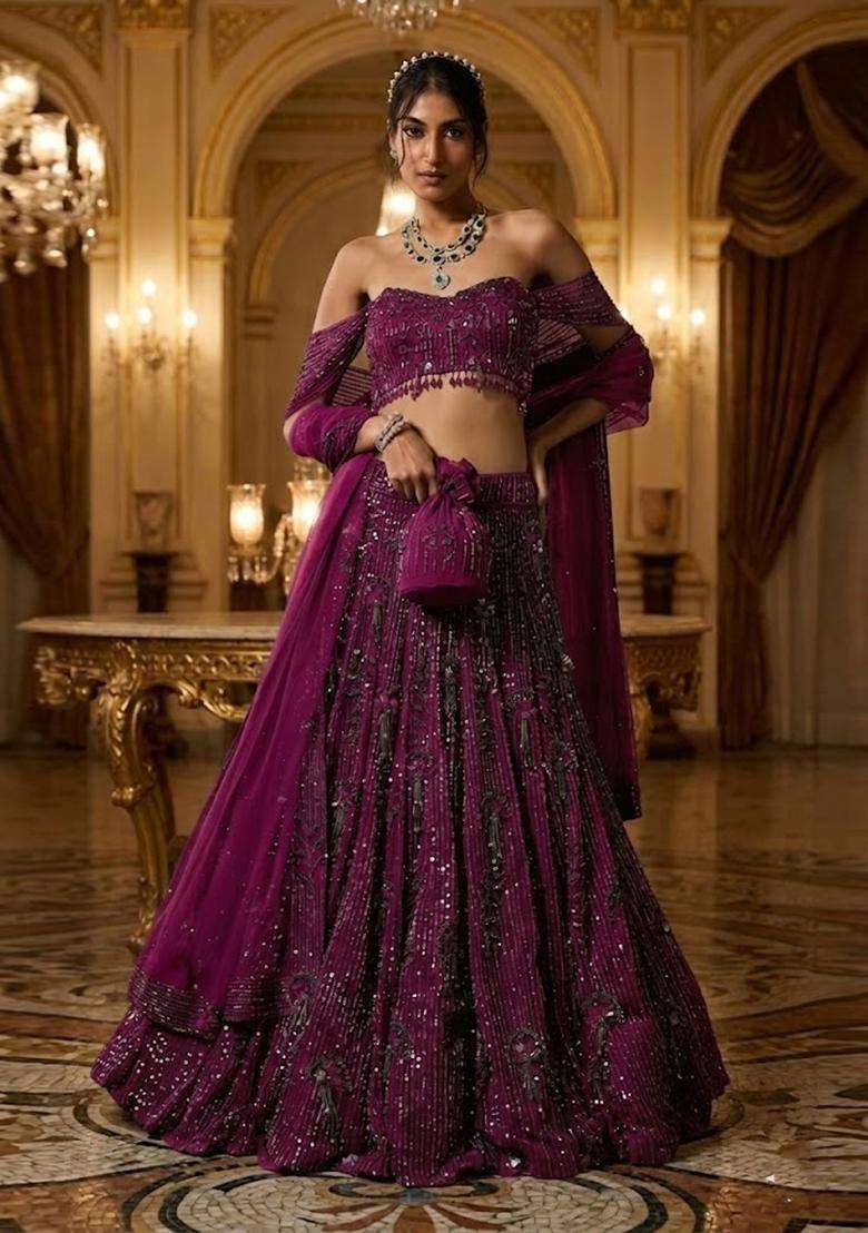 Deep Magenta Embroidered Bridal Lehenga Set - Indya