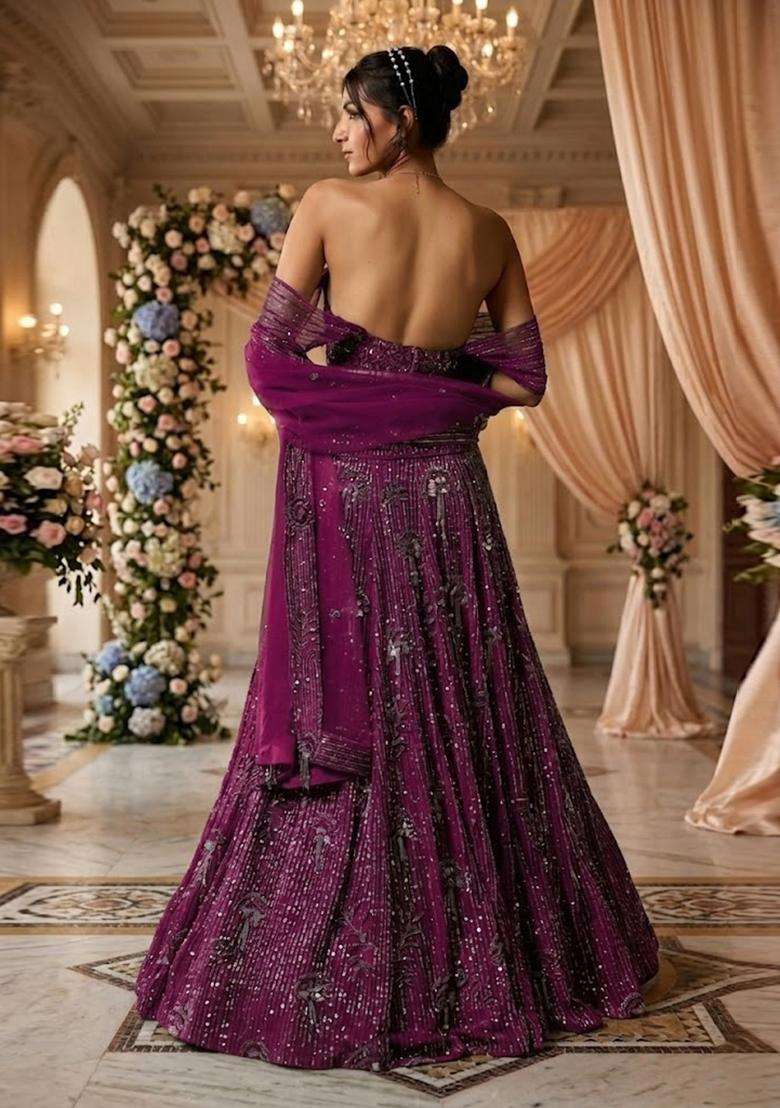 Deep Magenta Embroidered Bridal Lehenga Set - Indya