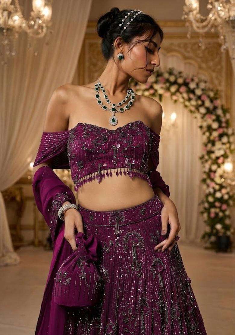 Deep Magenta Embroidered Bridal Lehenga Set - Indya