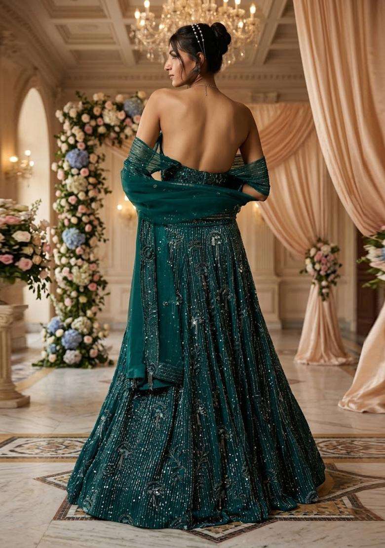 Teal  Embroidered Bridal Lehenga Set - Indya