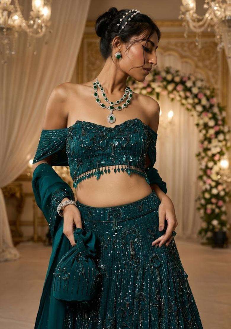 Teal  Embroidered Bridal Lehenga Set - Indya