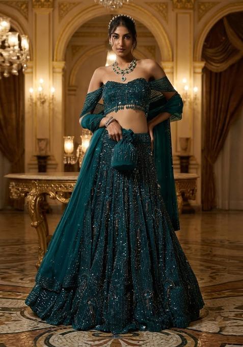 Teal Embroidered Bridal Lehenga Set — view on Indya