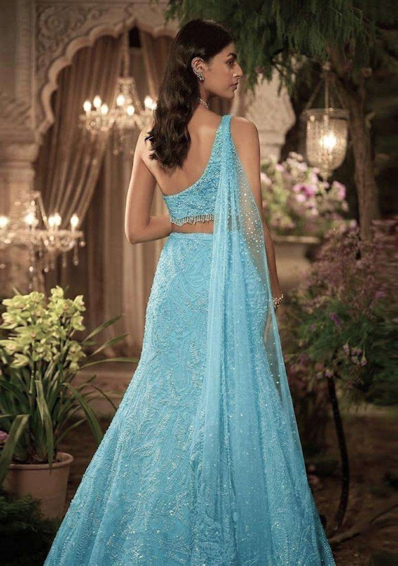 Sky Blue Embroidered Bridal Lehenga Set - Indya