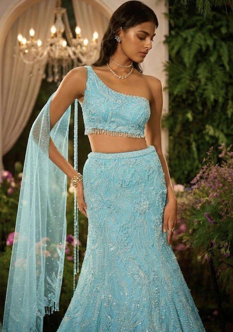 Sky Blue Embroidered Bridal Lehenga Set - Indya