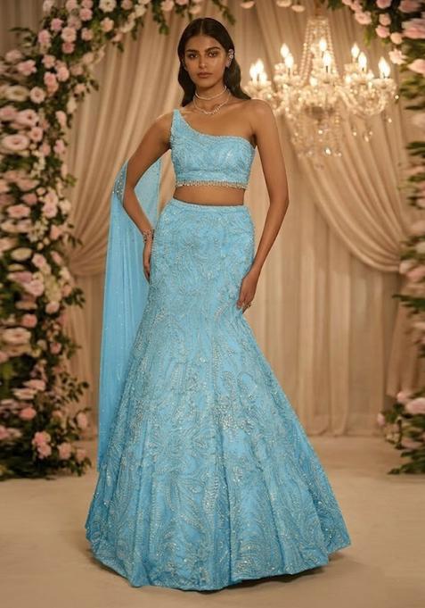 Sky Blue Embroidered Bridal Lehenga Set — view on Indya