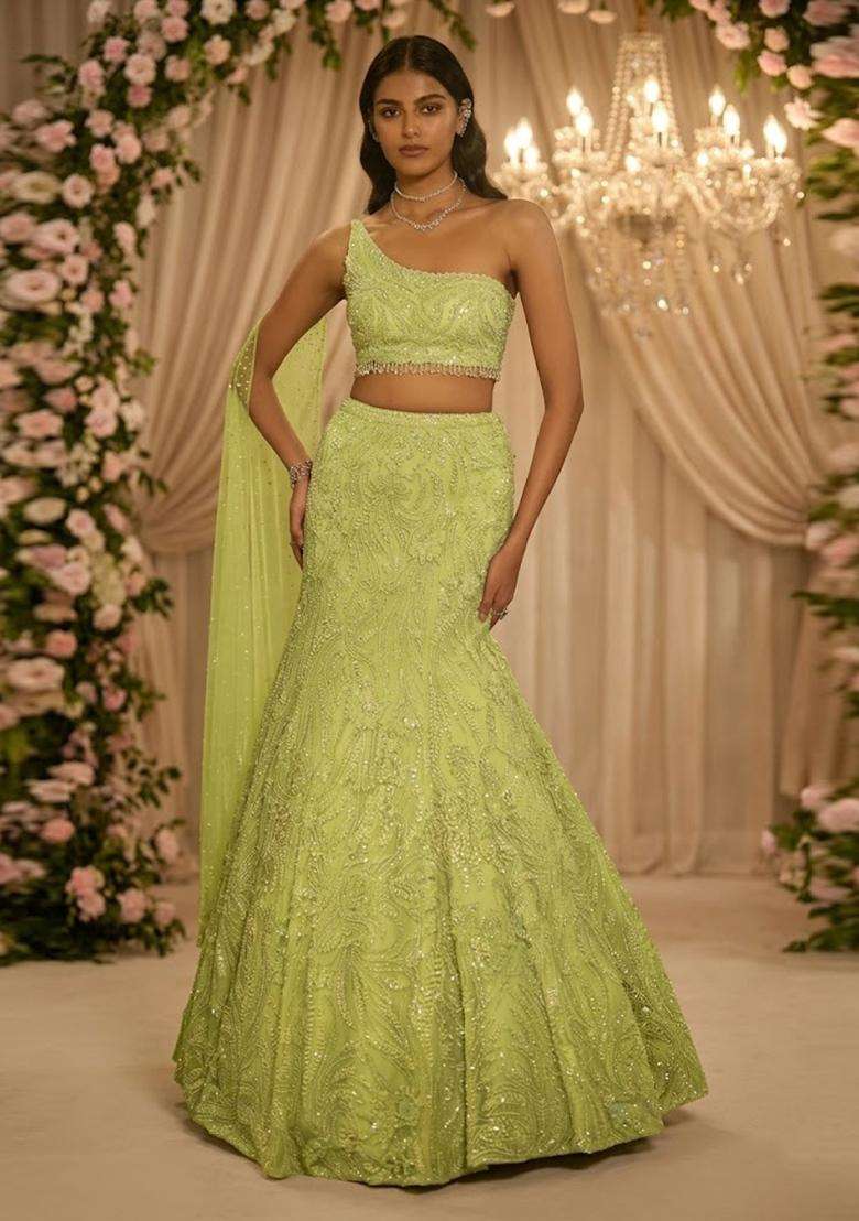 Lime Green Embroidered Bridal Lehenga Set - Indya