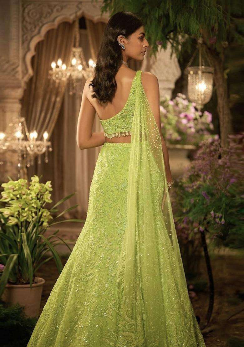 Lime Green Embroidered Bridal Lehenga Set - Indya