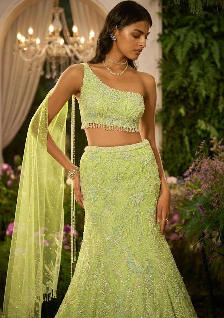 Lime Green Embroidered Bridal Lehenga Set - Indya