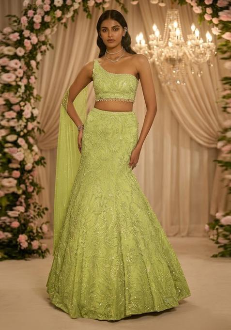 Lime Green Embroidered Bridal Lehenga Set — view on Indya