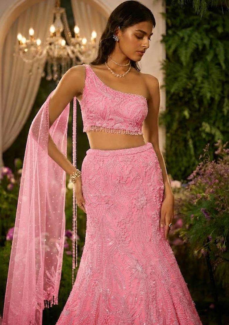 Rose Pink Embroidered Bridal Lehenga Set - Indya