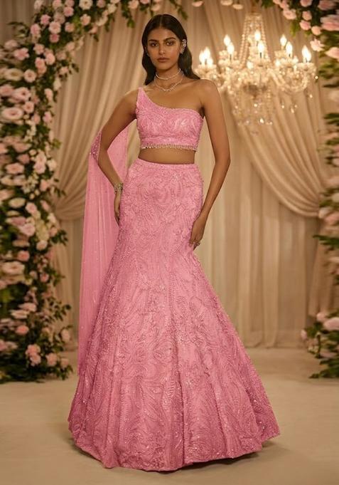 Rose Pink Embroidered Bridal Lehenga Set — view on Indya
