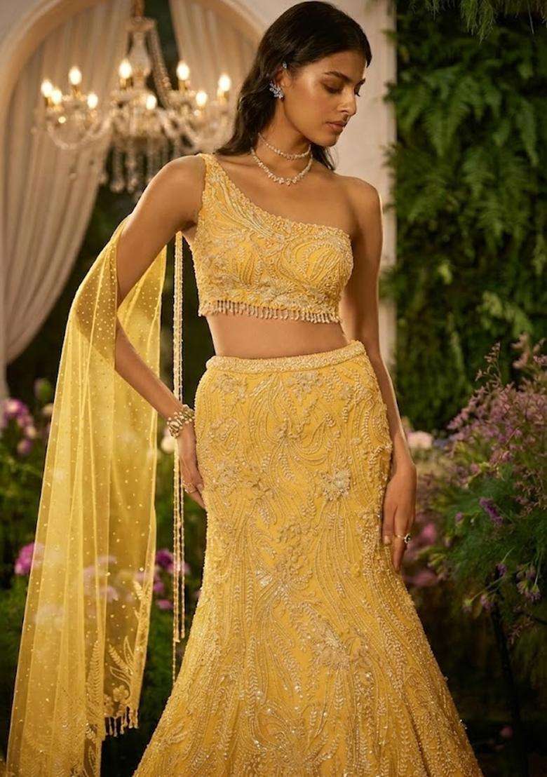 Yellow  Embroidered Bridal Lehenga Set - Indya