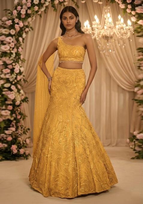 Yellow Embroidered Bridal Lehenga Set — view on Indya