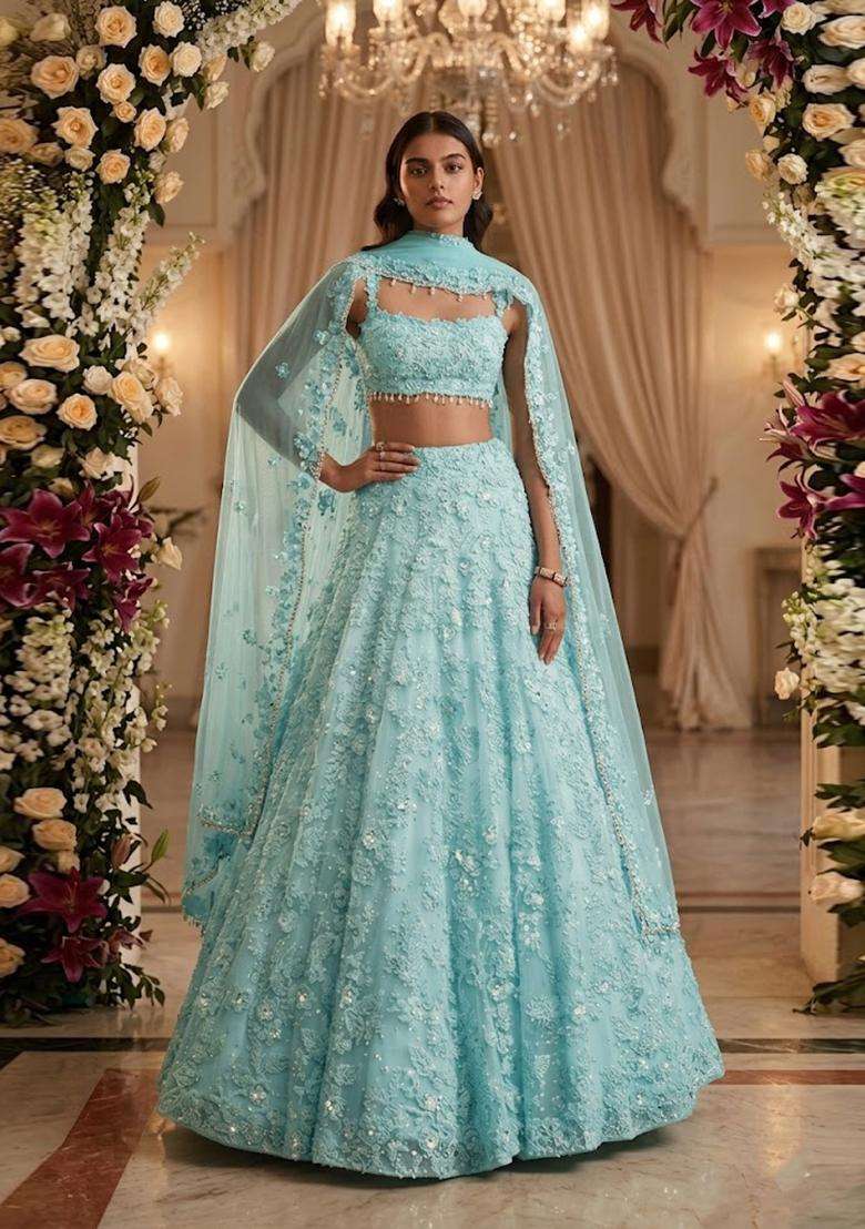 Aqua Blue Embroidered Bridal Lehenga Set - Indya