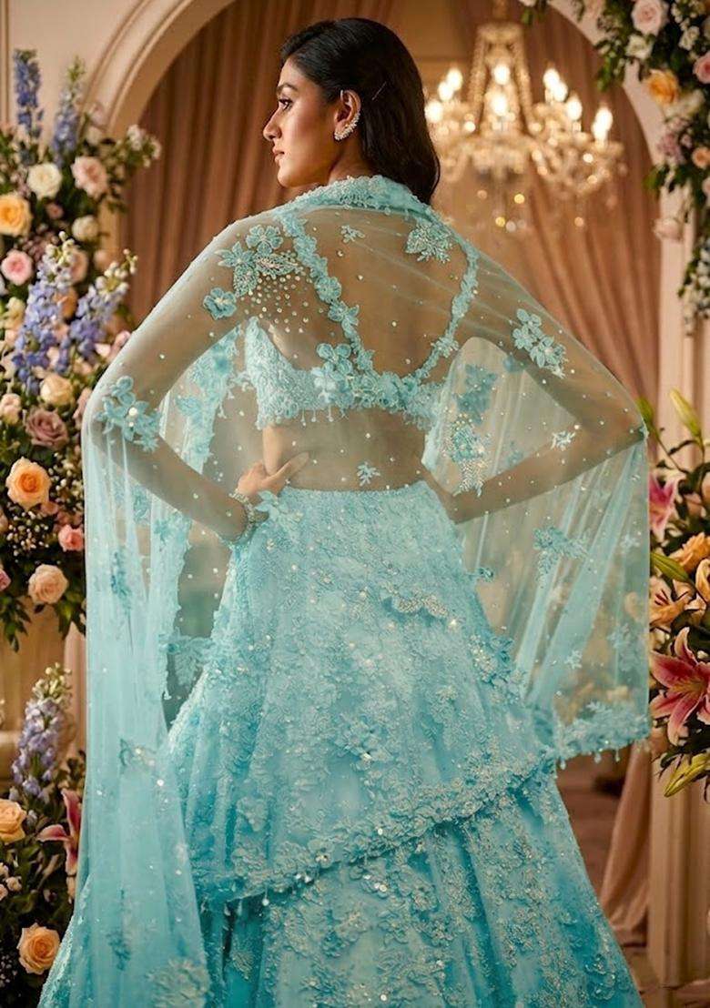 Aqua Blue Embroidered Bridal Lehenga Set - Indya