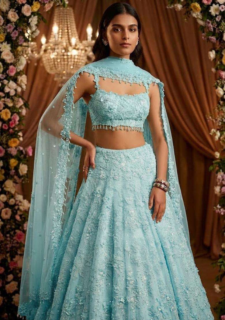 Aqua Blue Embroidered Bridal Lehenga Set - Indya