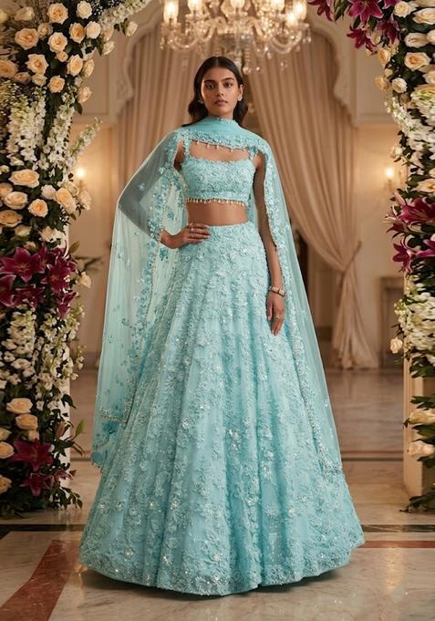 Aqua Blue Embroidered Bridal Lehenga Set — view on Indya