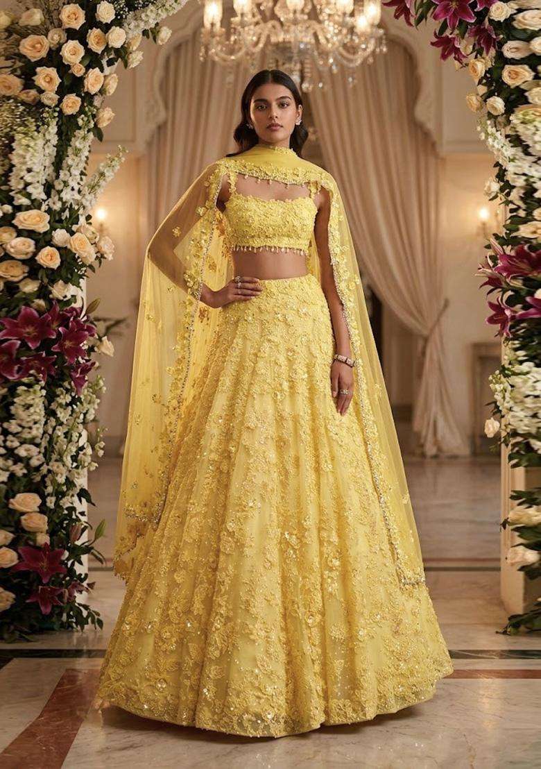 Lemon Yellow Embroidered Bridal Lehenga Set - Indya