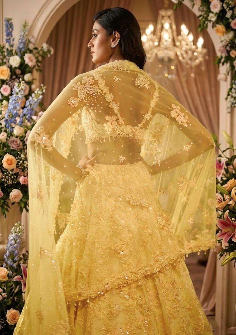 Lemon Yellow Embroidered Bridal Lehenga Set - Indya