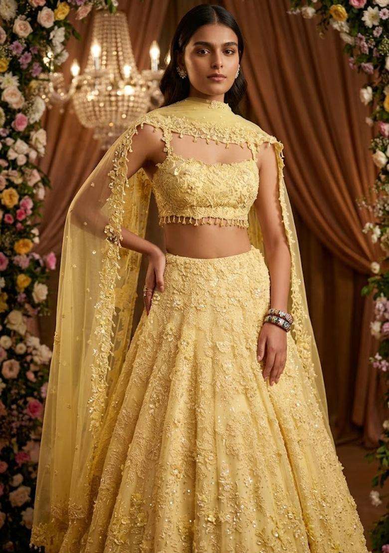 Lemon Yellow Embroidered Bridal Lehenga Set - Indya