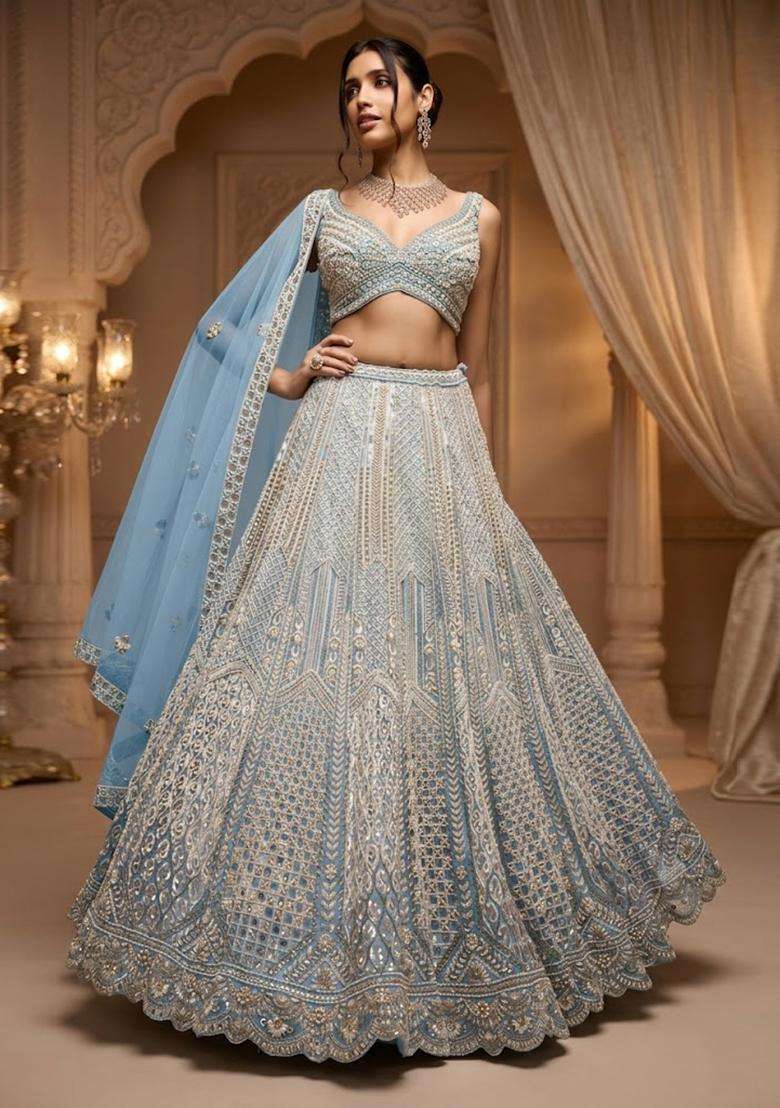 Powder Blue Embroidered Bridal Lehenga Set - Indya