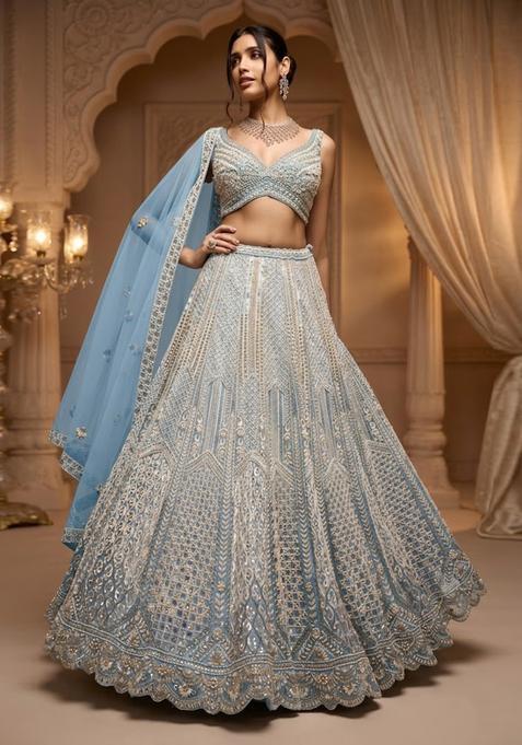 Powder Blue Embroidered Bridal Lehenga Set — view on Indya