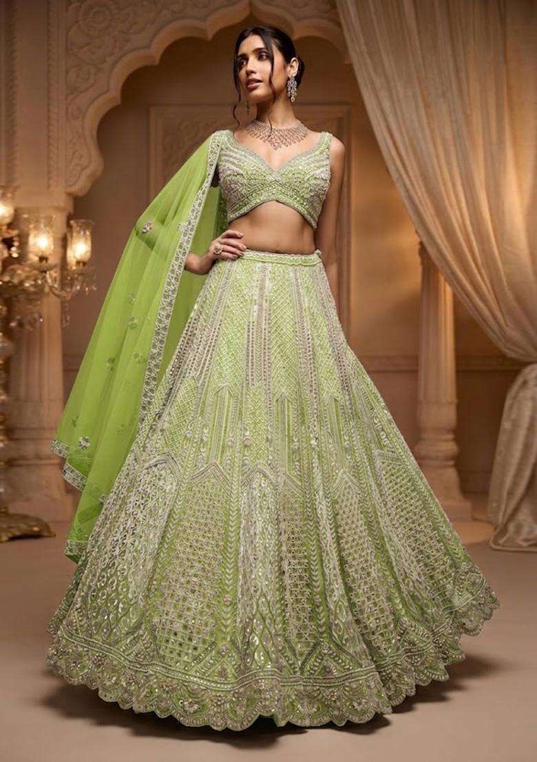 Pastel Green Embroidered Bridal Lehenga Set - Indya
