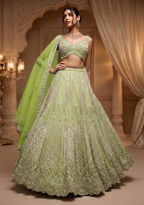 Pastel Green Embroidered Bridal Lehenga Set — view on Indya