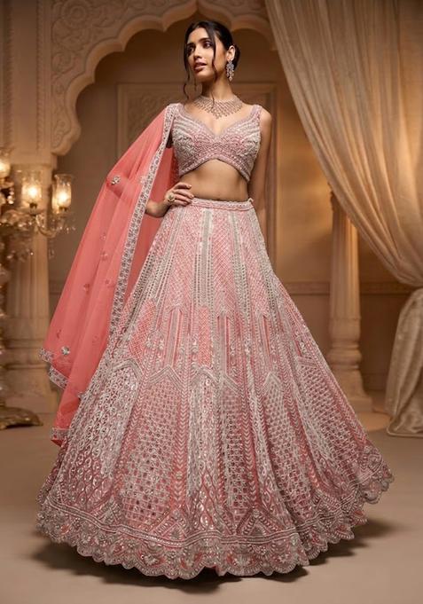 Blush Pink Embroidered Bridal Lehenga Set — view on Indya