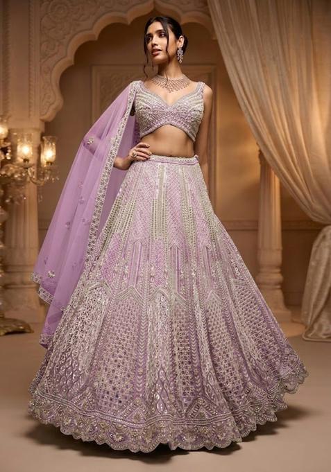 Lavendar Embroidered Bridal Lehenga Set — view on Indya
