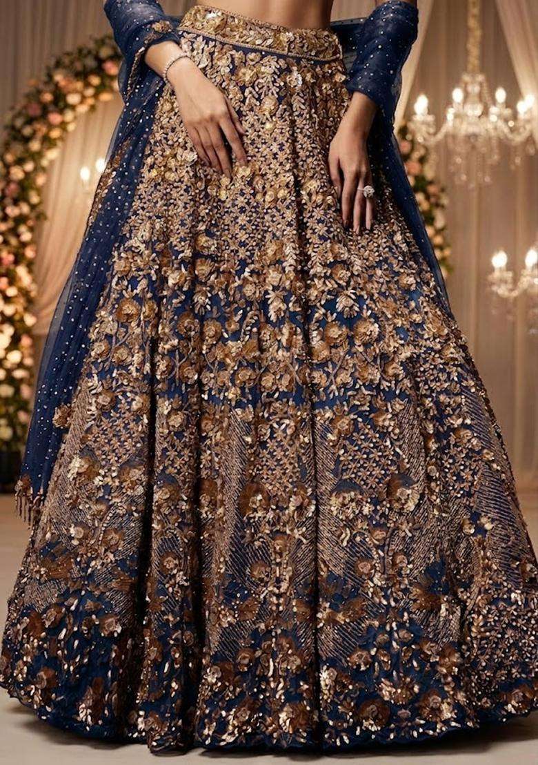 Navy Blue Embroidered Bridal Lehenga Set - Indya
