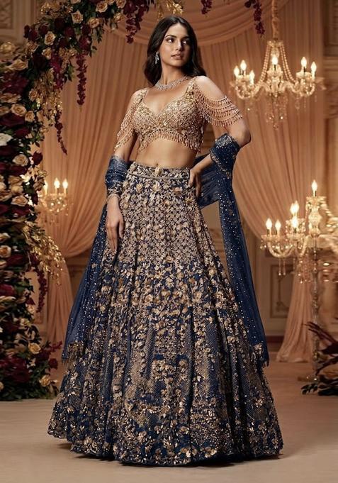 Navy Blue Embroidered Bridal Lehenga Set — view on Indya