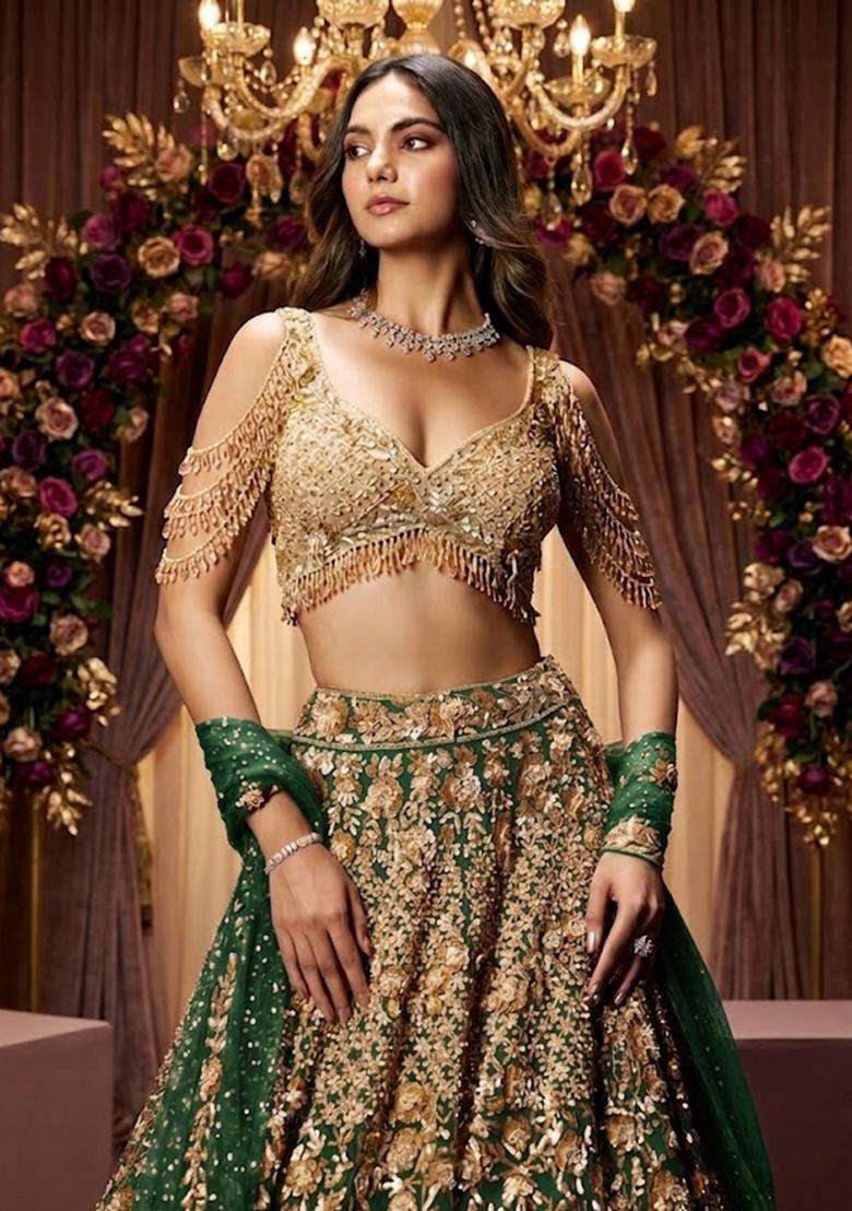 Green Embroidered Bridal Lehenga Set - Indya