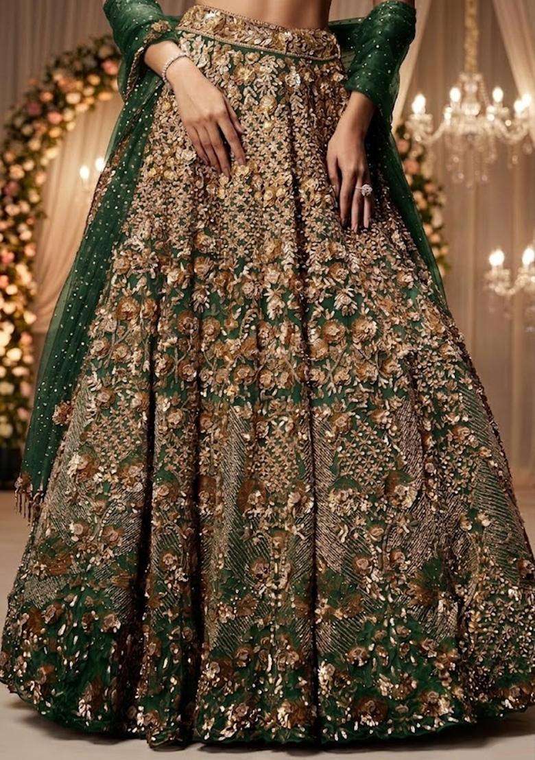 Green Embroidered Bridal Lehenga Set - Indya