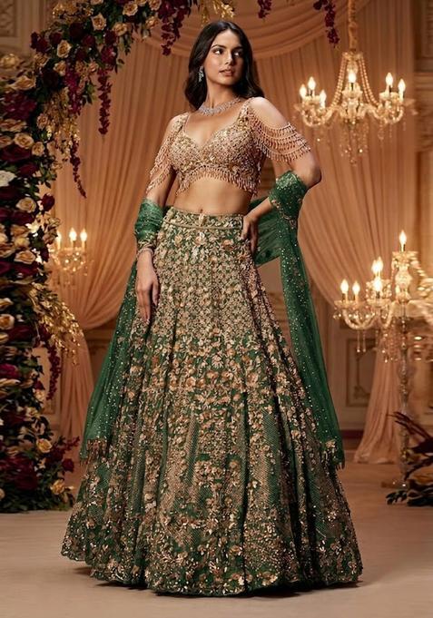 Green Embroidered Bridal Lehenga Set — view on Indya