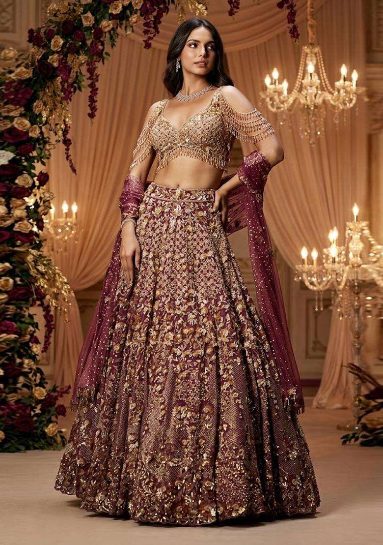 Maroon Embroidered Bridal Lehenga Set - Indya