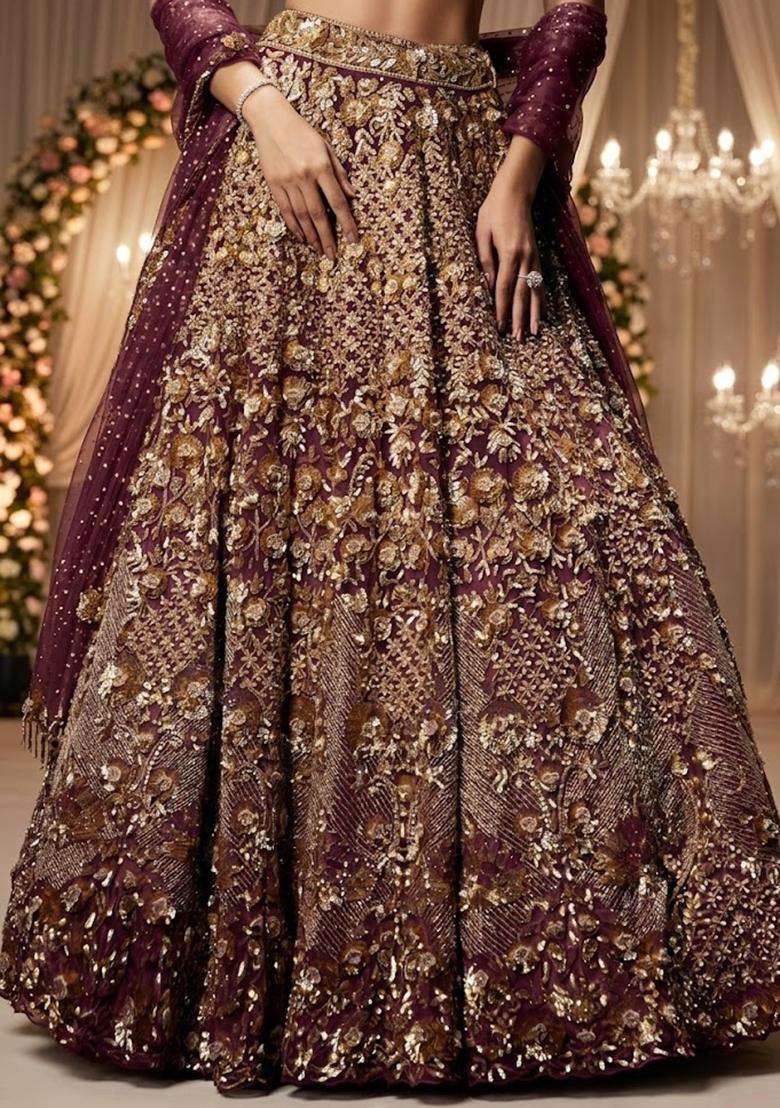 Maroon Embroidered Bridal Lehenga Set - Indya