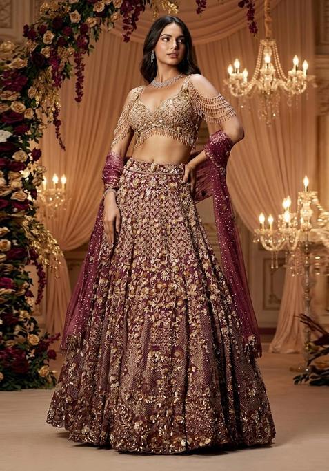 Maroon Embroidered Bridal Lehenga Set — view on Indya