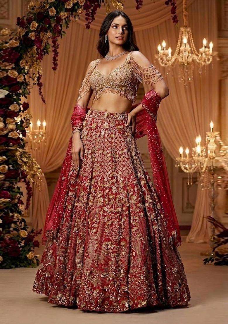 Red Embroidered Bridal Lehenga Set - Indya