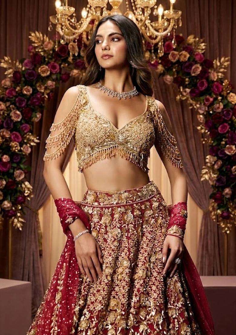 Red Embroidered Bridal Lehenga Set - Indya