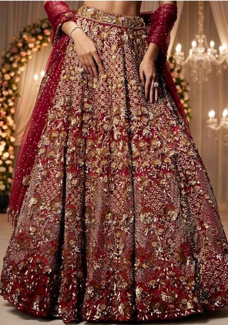 Red Embroidered Bridal Lehenga Set - Indya