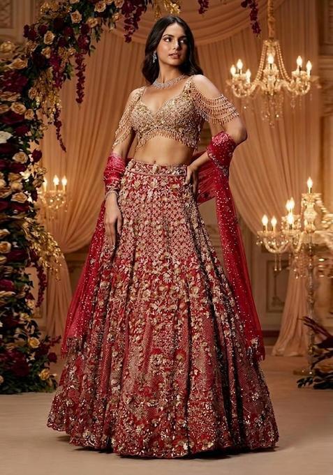 Red Embroidered Bridal Lehenga Set — view on Indya