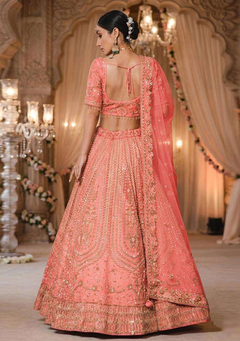 Coral Pink  Embroidered Bridal Lehenga Set - Indya