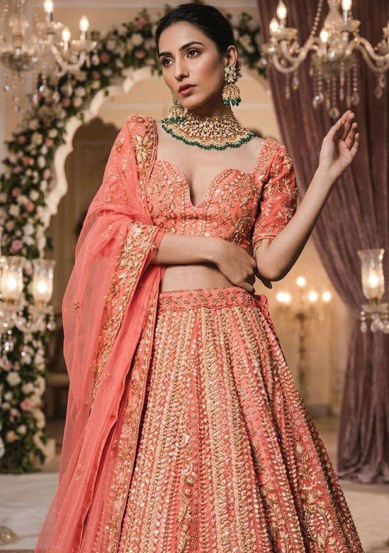 Coral Pink  Embroidered Bridal Lehenga Set - Indya